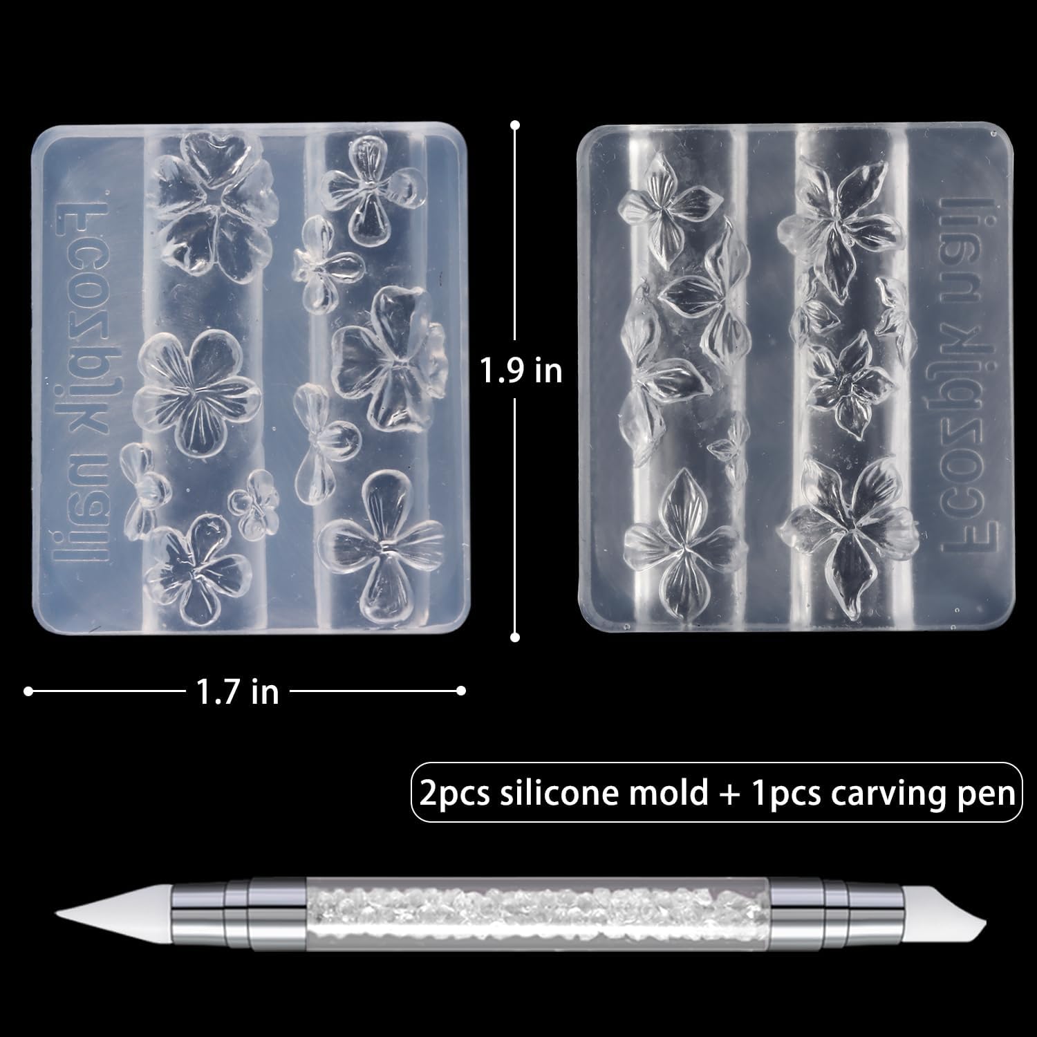 Transparent silicone nail molds with hibiscus and cherry blossom designs and white double-head carving pen - 2