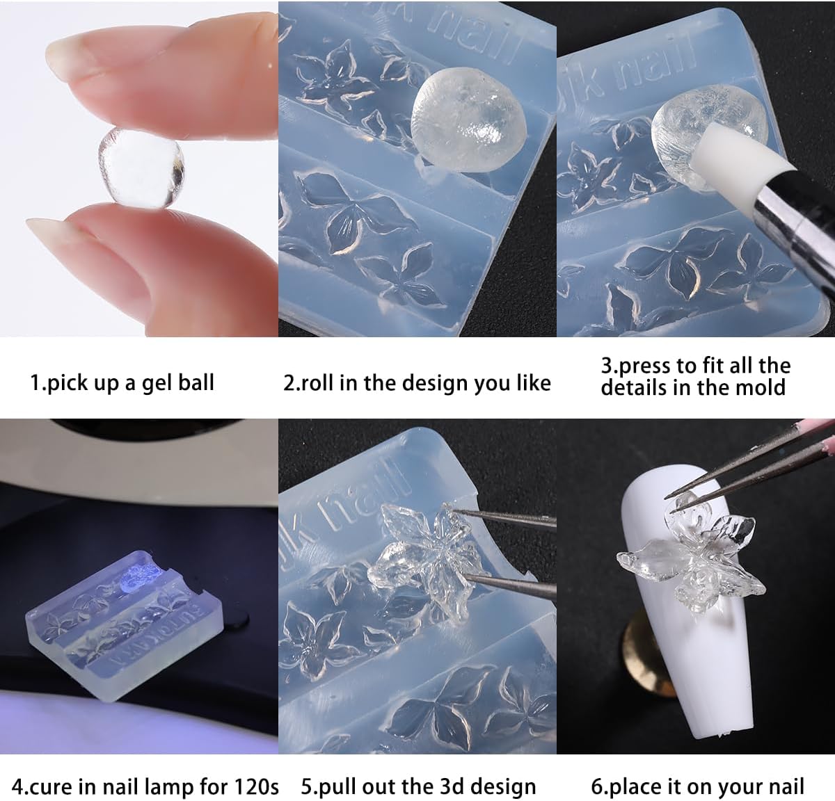 Transparent silicone nail molds with hibiscus and cherry blossom designs and white double-head carving pen - 4
