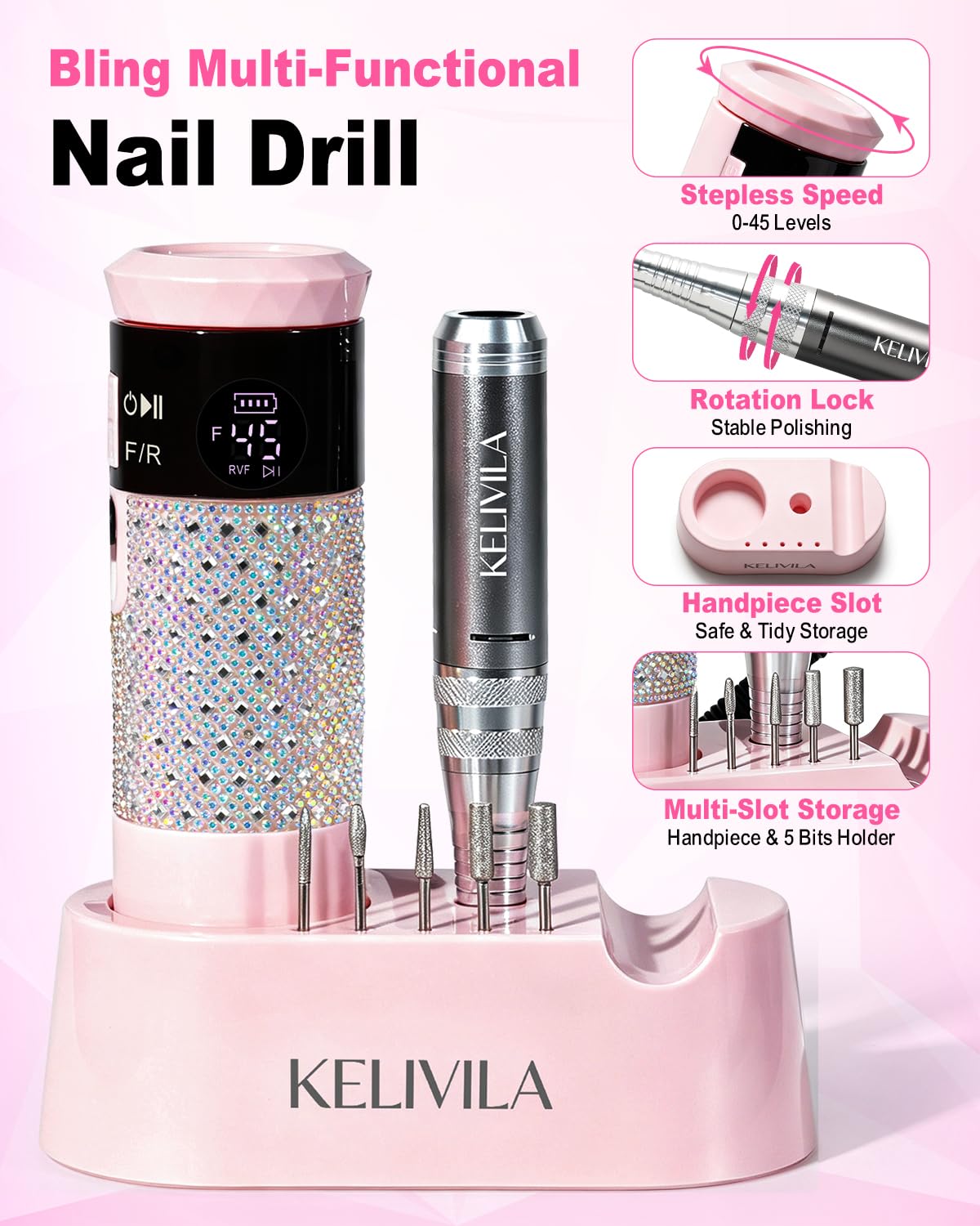 Rhinestone-encrusted cordless electric nail drill with LCD display and accessory kit - 3