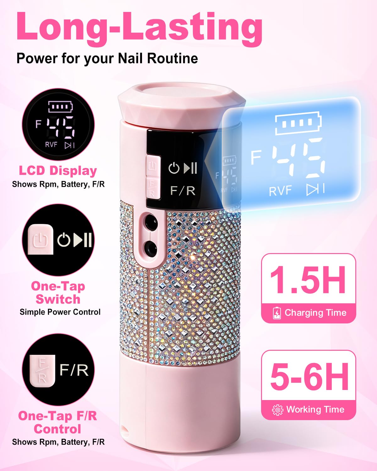 Rhinestone-encrusted cordless electric nail drill with LCD display and accessory kit - 4
