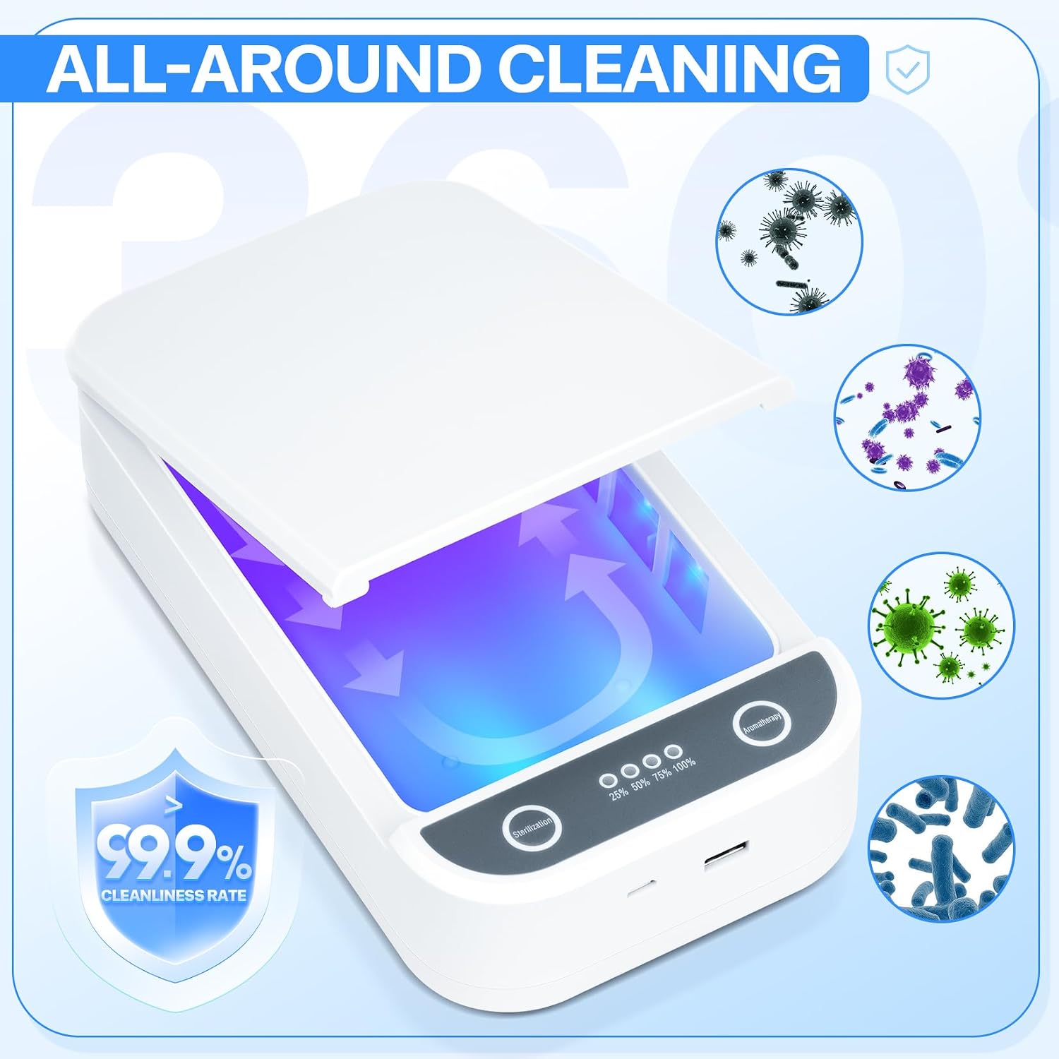 Compact white LXIANGN portable nail tool cleaner box with blue LED interior and USB cable - 2