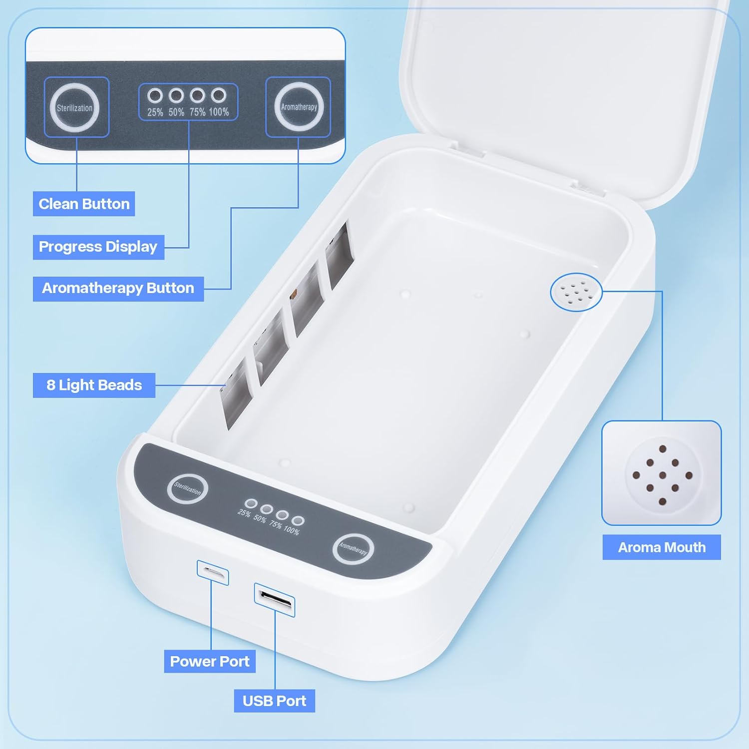 Compact white LXIANGN portable nail tool cleaner box with blue LED interior and USB cable - 3