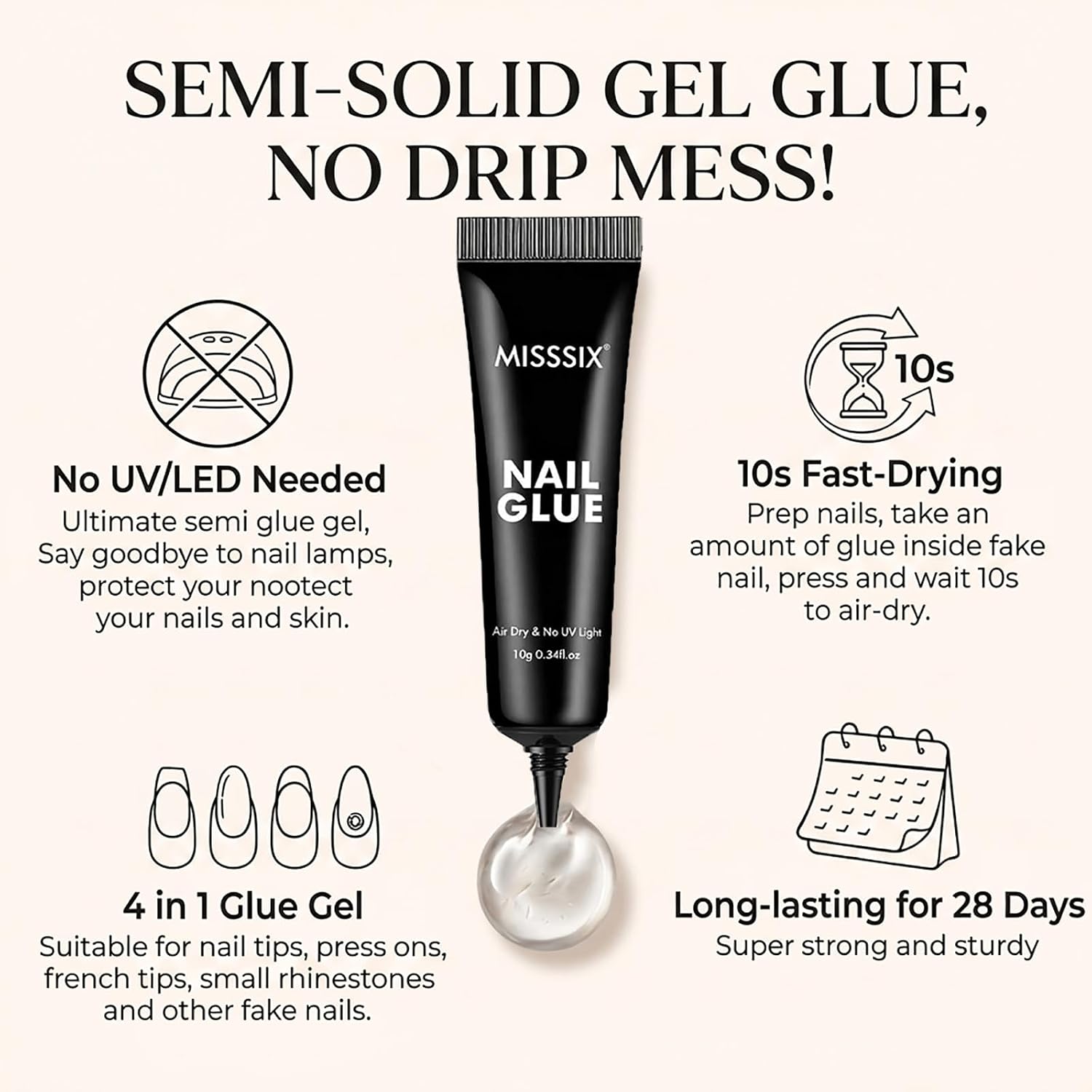 Misssix semi solid nail glue gel 10g tube pack of 2 - 3