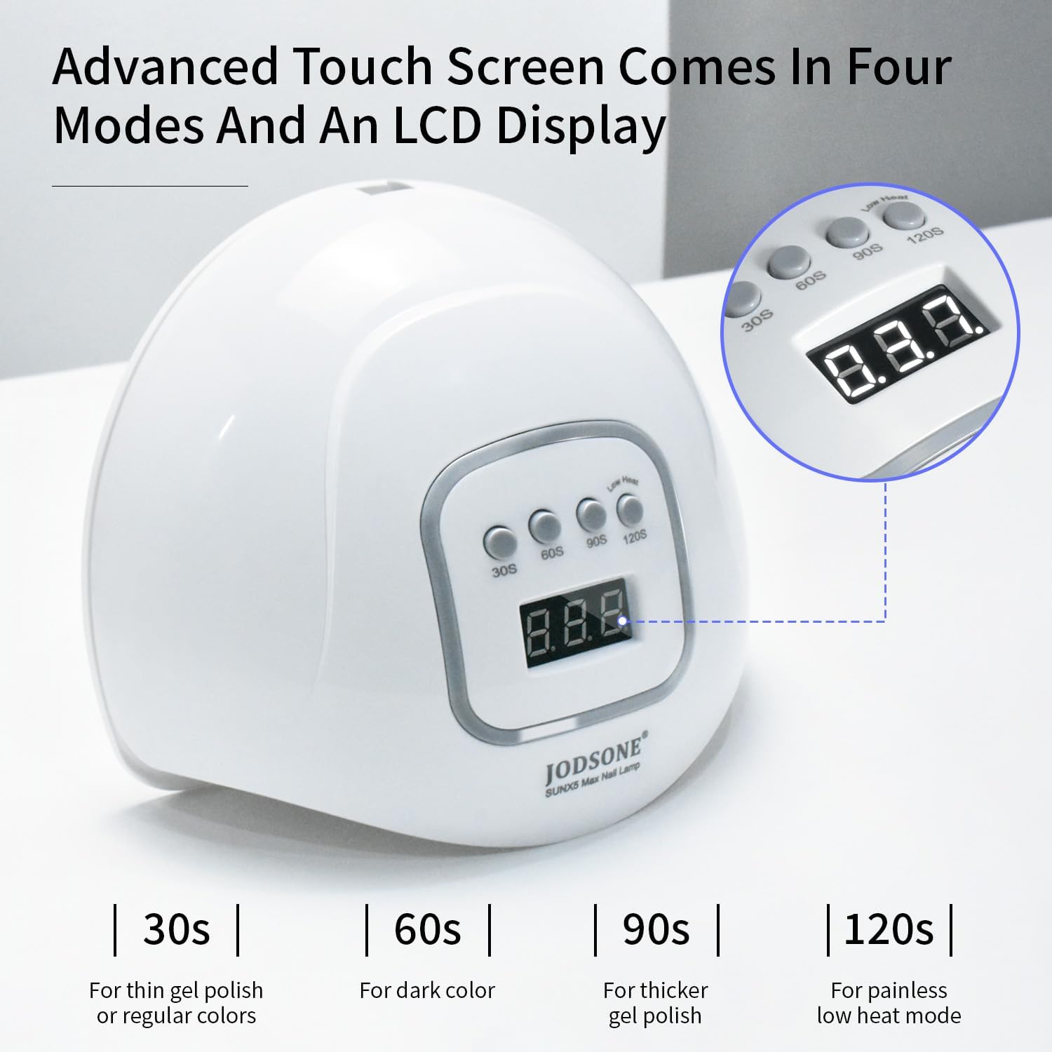 Compact white UV LED nail lamp with curved opening and LCD display showing timer options - 2