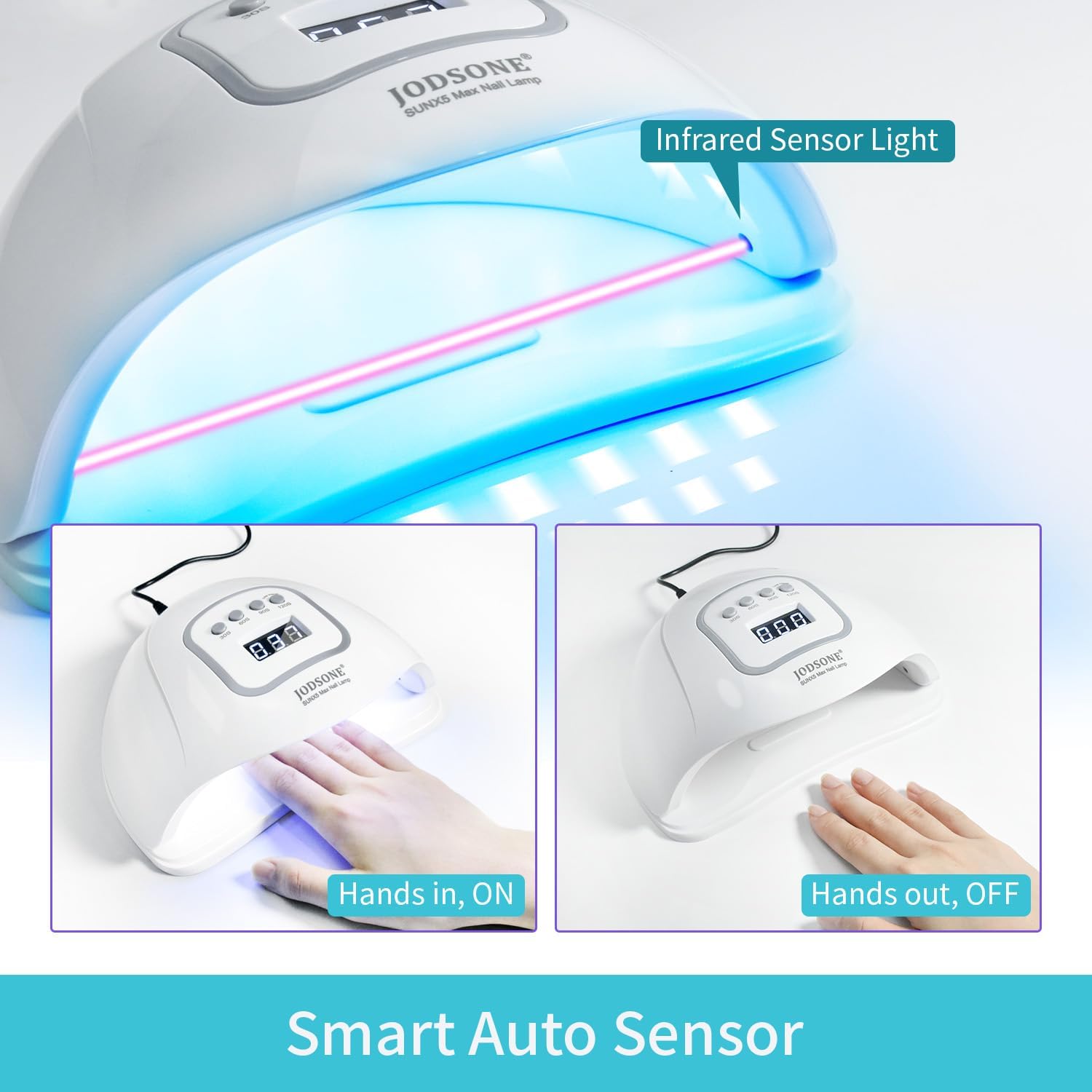 Compact white UV LED nail lamp with curved opening and LCD display showing timer options - 3